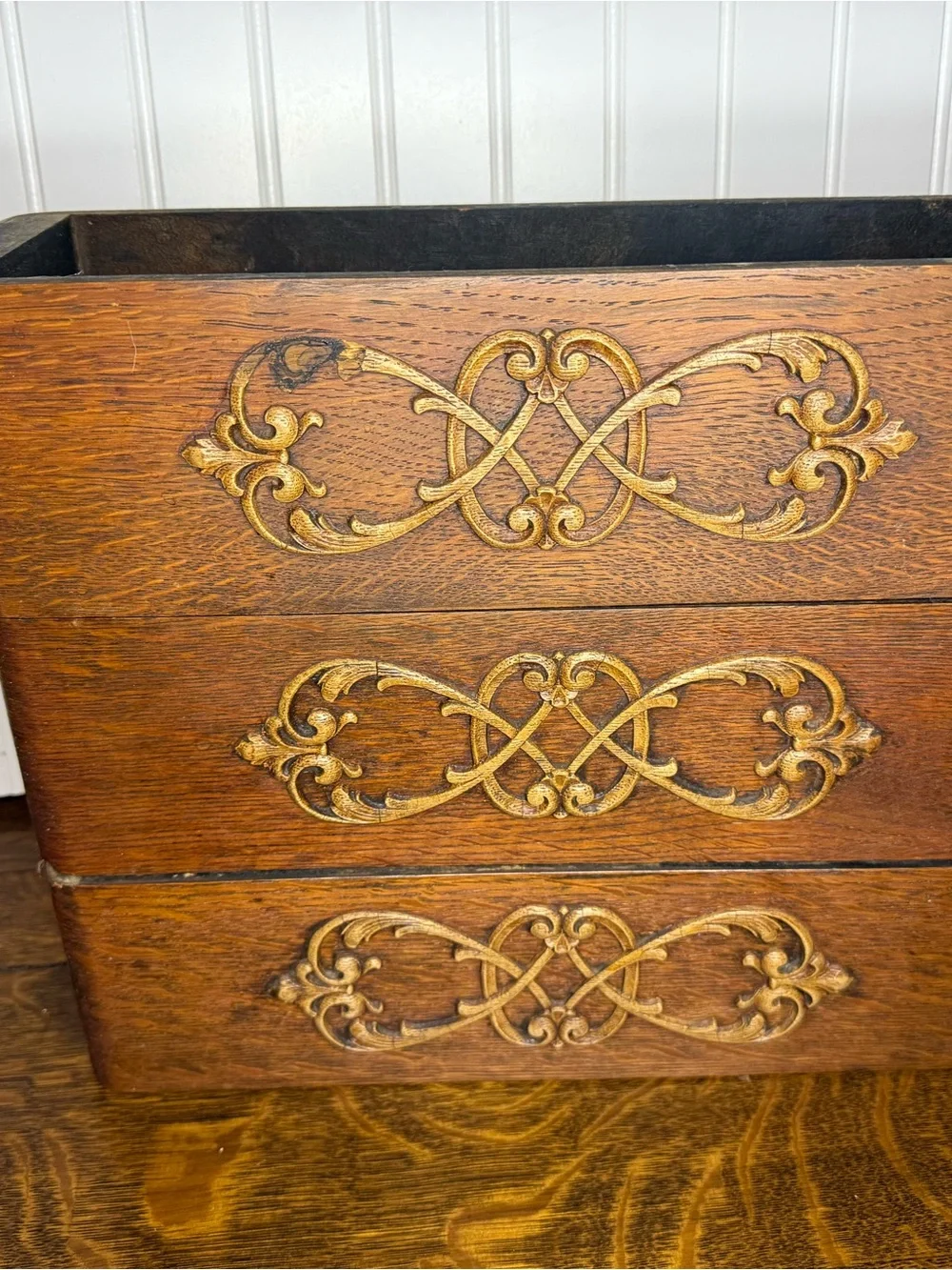 Antique Sewing Machine Drawer Cabinet: Carved Wooden Display Boxes, Ornate